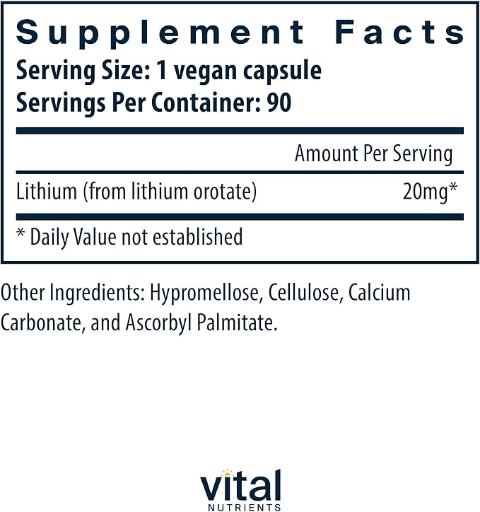 Vital Nutrients Lithium Orotate 20mg | Vegan Lithium Supplements for Memory, State of Mind, and Behavioral Health* | Gluten, Dairy, Soy Free | 90 Capsules
