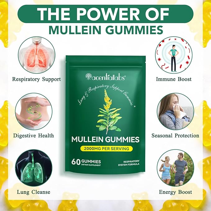 Mullein Gummies for Lung Detox, Mullein Herbal Supplement, 2000mg Mullein Leaf Extract for Respiratory & Digestive & Immune Support - 60 Gummies