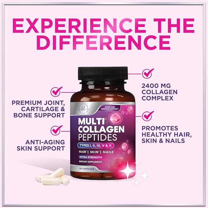 Multi Collagen Peptides Supplement - Hydrolyzed Types I, II, III, V & X Multi Collagen Pills, Hydrolyzed Collagen Peptides Supplements, Hair, Skin, Nail, and Joint Support Supplement, 60 Capsules