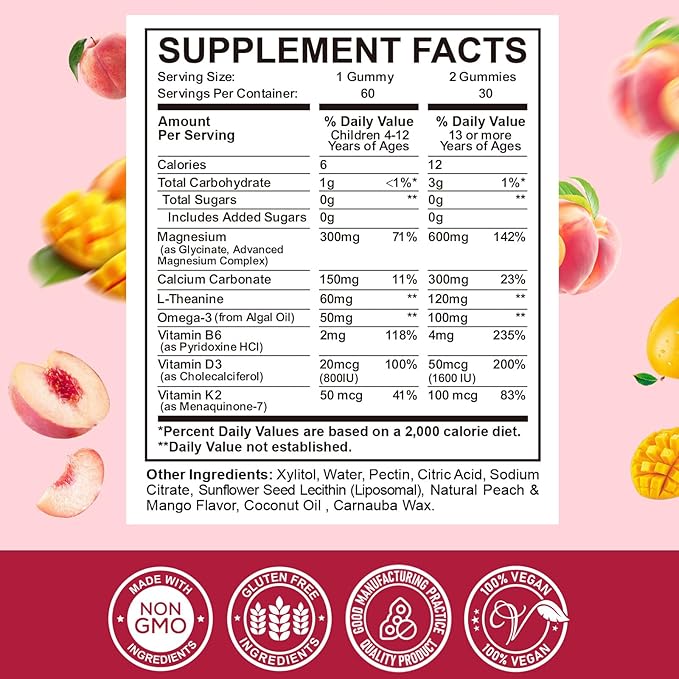 Liposomal Kids Magnesium Gummies- Magnesium Glycinate Gummies for Kids Supplement-w/Omega-3, Vitamin B6, D3- Support Calm Stress Relief, Bones, Mood, Peach & Mango Flavor, 60 Count