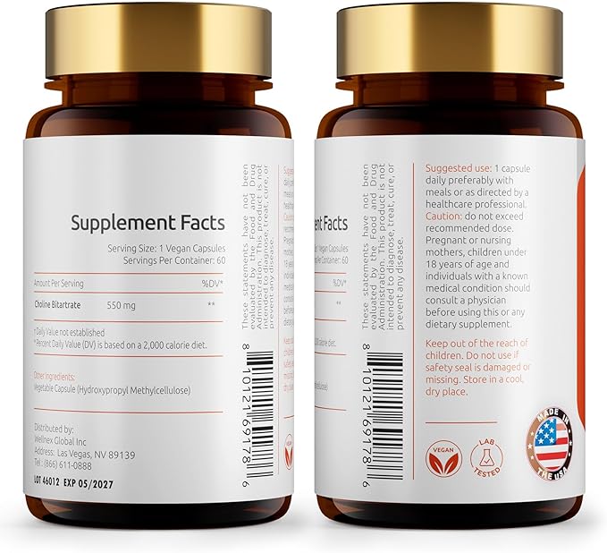 Choline Bitartrate 550mg, Supports Liver & Brain Health, High Absorption Choline Supplements, Non-GMO, Gluten-Free, Made in USA, 60 Vegan Capsules