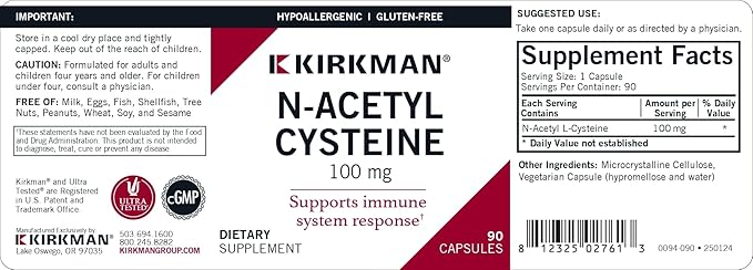Kirkman NAC Supplement, N-Acetyl Cysteine 100mg, 90 Vegetarian Capsules, Immune Support Supplement, Antioxidant, Promotes Glutathione Production, Hypoallergenic, Gluten & Casein Free