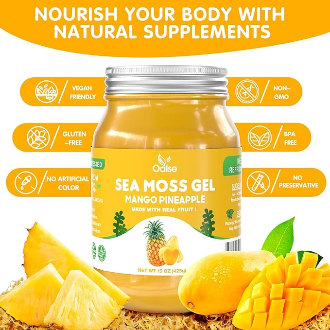 Sea Moss Gel Mango Pineapple Flavor - Natural Seamoss Gel with 92 Minerals and Vitamins - Non-GMO, Gluten-Free, Vegan - Immune Defense-15 OZ