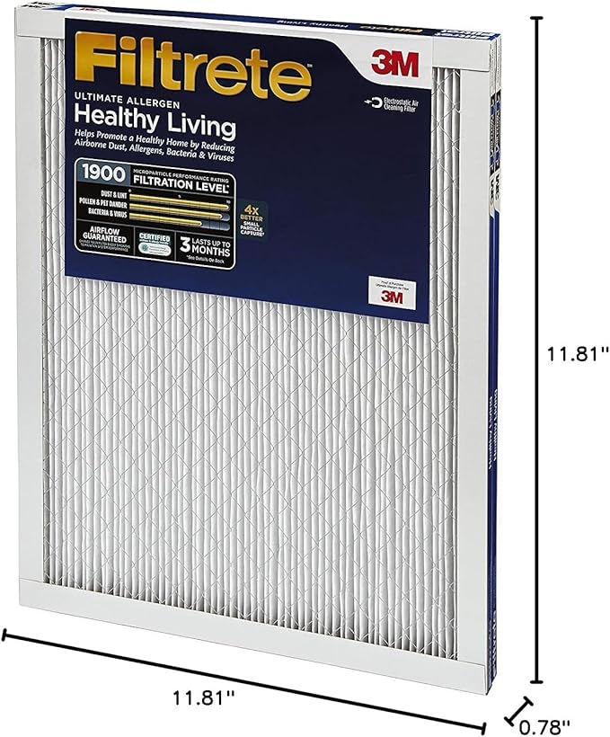 Filtrete 12x12x1 AC Furnace Air Filter, MERV 13, MPR 1900, Premium Allergen, Bacteria & Virus Filter, 3-Month Pleated 1-Inch Electrostatic Air Cleaning Filter, 2-Pack (Actual Size 11.81x11.81x0.78 in)