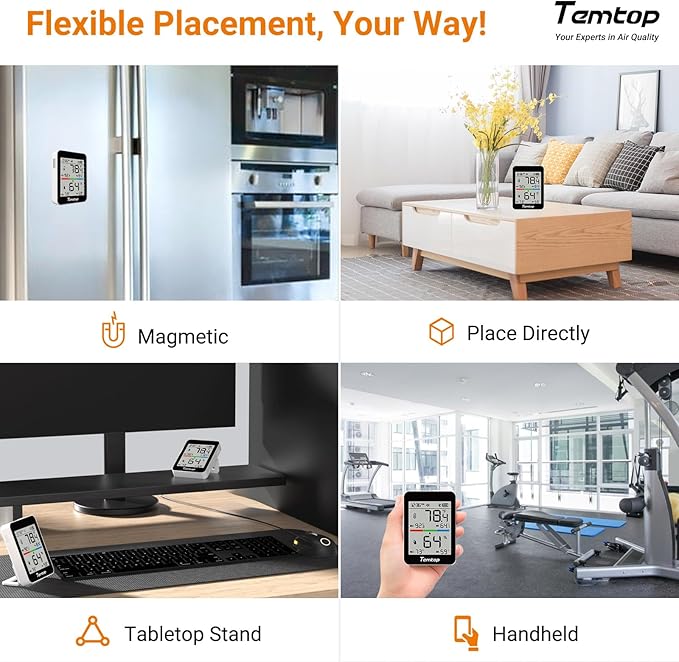 Temtop M10+ Air Quality Monitor T1 Themometer Combo, 6-in-1 CO2, PM2.5, VOC Detection with Humdity Meter