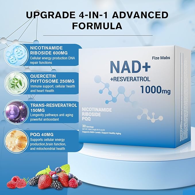 Premium NAD+ Liquid Supplement, 1000mg Per Serving, Nicotinamide Riboside & Resveratrol with PQQ, Pure Organic, Fast-Absorbing for Cellular Energy & Healthy Aging - 30 Packs