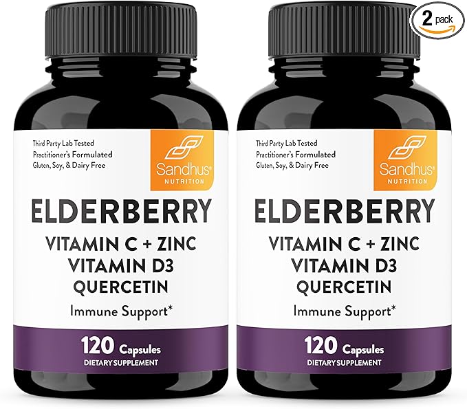 Sandhu's Elderberry Vitamin C Vitamin D3 with Zinc & Quercetin | Capsules for Men & Women | Supports Immune Health | 120 Count (Pack of 2)