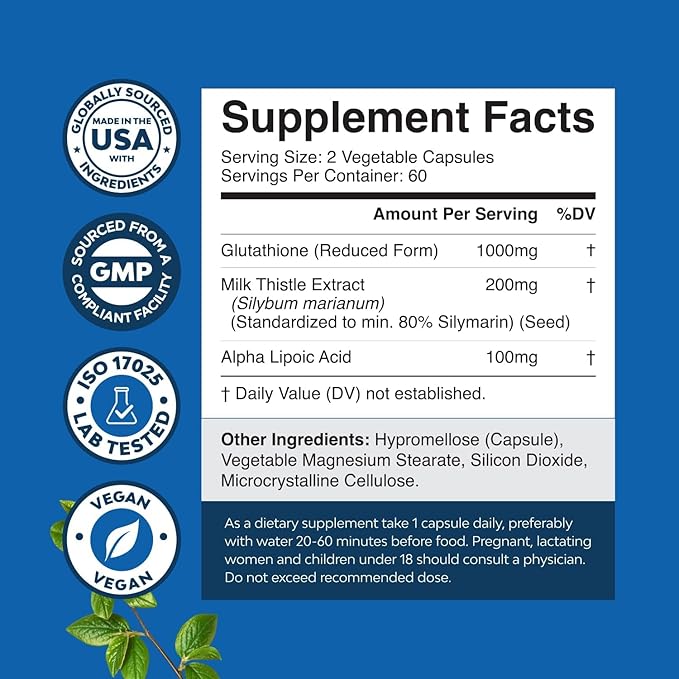 Reduced Glutathione Supplement with Milk Thistle - 1000mg per Serving Pure L Glutathione with Alpha Lipoic Acid & Milk Thistle Silymarin for Skin Radiance, Liver Support & Immune Support - 120 Count