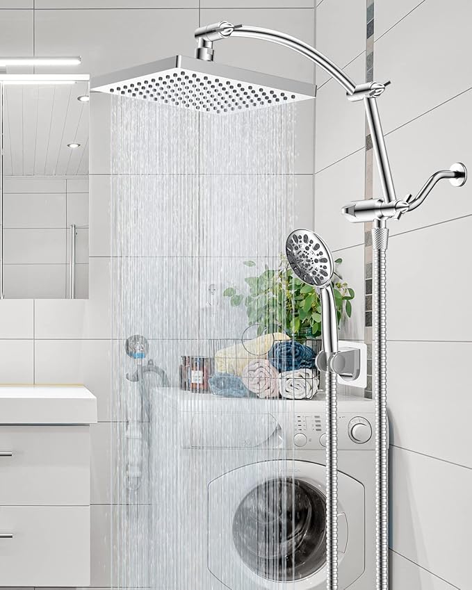 Hibbent Thickness 8'' Rain Shower Head, High Pressure Handheld Spray, Showerhead Combo with 16'' Adjustable Arc Shower Extension Arm, 7 Settings, 71'' Hose, Adhesive Showerhead Holder, Chrome