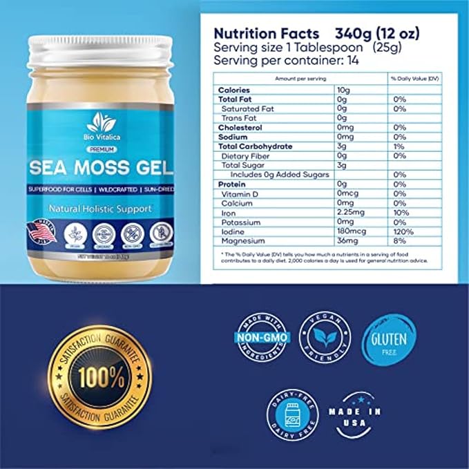 Sea Moss Gel by BioVitalica - Irish sea Moss raw Organic - Premium Quality - Dr Sebi, Vegan superfood for Cells - 100% Natural Seamoss Gel - (Pack of 3, Original)
