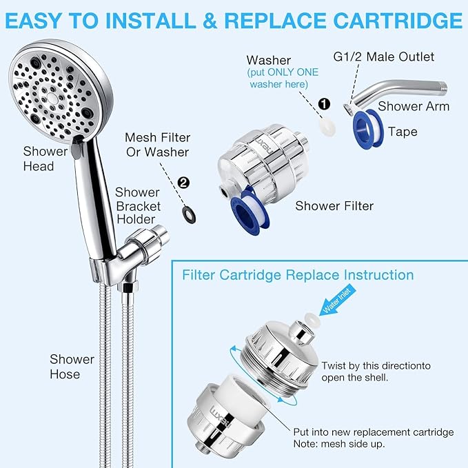 20 Stage Shower Filter w/ 3 Cartridge, Shower Head Filter, Reduce Well Hard Water Chlorine Heavy Metal & Impurity, Improve Skin Hair, Fit Most Handheld Showerhead Fixed Rainfall, Chrome