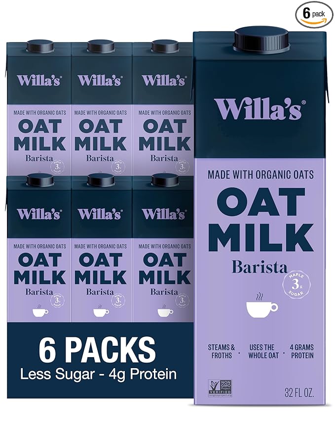 Willa's Organic Barista Oat Milk - Barista Blend Unsweetened Oatmilk and Creamer, Non-GMO, Shelf Stable, Low Sugar, Non-Dairy Milk, Made from Whole Grain Oats, For Foams and Froth, 32oz, Pack of 6