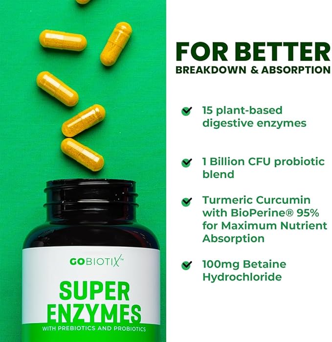GoBiotix Digestive Enzymes Supplement with Prebiotics and Probiotics for Women and Men - Gut Health, Gluten Digestion, Lactose Absorption, Plant Based Dietary Pills - 60 Capsules