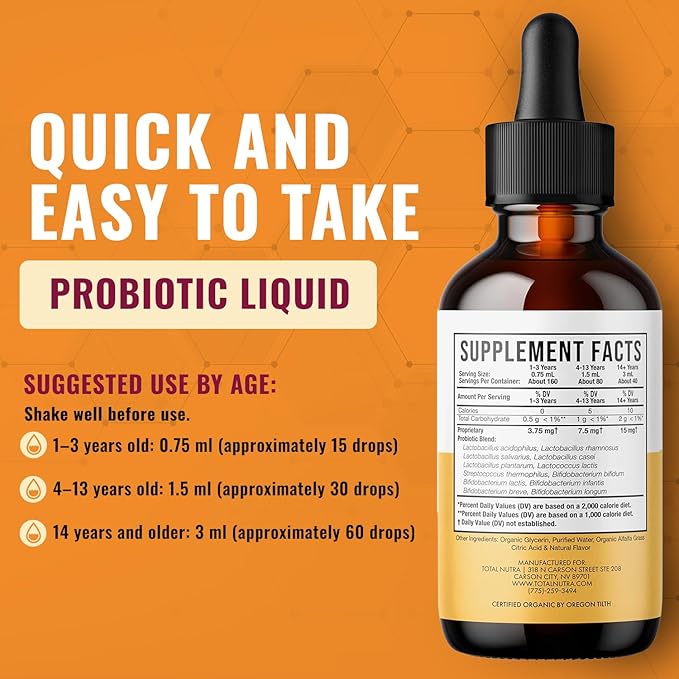 USDA Organic Liquid Probiotic for Kids, Women & Men, Toddler Probiotic Drops with Alfalfa Prebiotic Blend + Acidophilus for Gut Health, Vegan, Non-GMO, Dairy, Gluten & Sugar Free