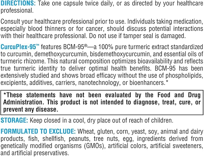 XYMOGEN CurcuPlex-95 - Turmeric Curcumin Supplements with Enhanced Bioavailability - Daily Brain Support Supplement (120 Vegan Turmeric Capsules)