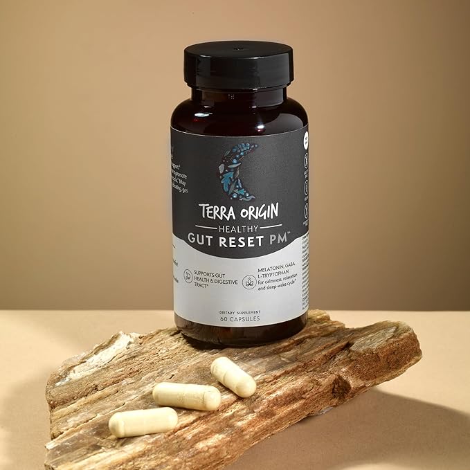TERRA ORIGIN Healthy Gut Reset PM | 60 Veggie Capsules | Natural Sleep Aid Supplement for Sleep & Wake Cycles | GABA, L-Tryptophan, Melatonin, L-Glutamine, Licorice Root, Slippery Elm Root