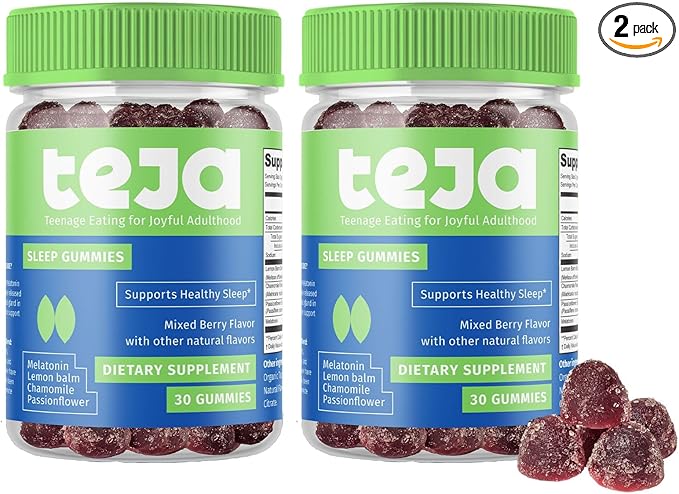 TEJA Sleep Support Gummies for Teens and Adults, 0.3mg Melatonin Chewable Gummy, Melatonin Chewable, 30 Gummies (2 Pack)