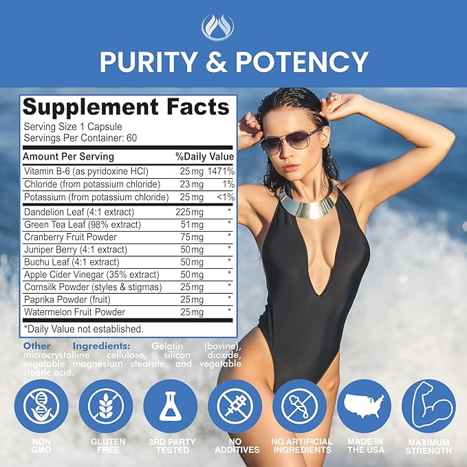 THE ENCLARE NUTRITION|Water Pills Diuretic for Water Retention, Detox, Liver, Kidney, Weight, Swelling/Bloating Relief. Green Tea, Cranberry, Apple Cider Vinegar, Dandelion, Vitamin B6, Chloride (3)