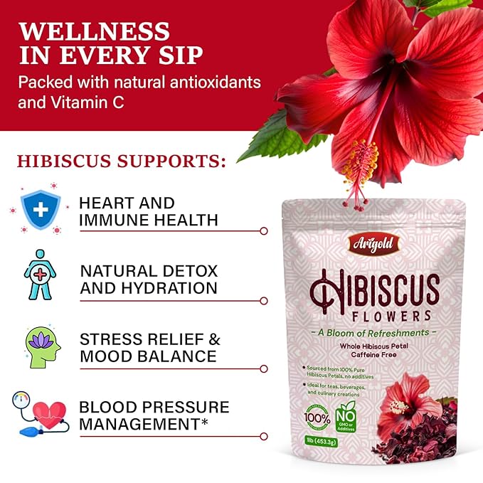 Arigold Pure Whole Petals Hibiscus Tea 1lb โ Organic Dried Hibiscus Flowers,Flor de Jamaica, Hibiscus Sabdariffa, Bissap, Sorrel, hibiscus tea loose leaf Herbal Tea for Agua Fresca, Cocktails, Iced Tea & Hot Tea | Caffeine-Free & Rich in Antioxidants.
