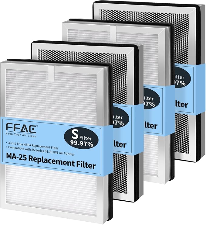 MA-25 Replacement Filter Compatible with MA-25 Air Purifier S1/W1/B1, 3-in-1 Filtration System of MA25, H13 True HEPA and Activated Carbon Filter, 4 Pack