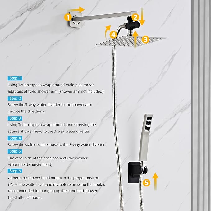 Shower Head Combo, 8 Inch Rain Shower Head with Handheld High Pressure Rainfall Shower Heads System, 15 Inch Shower Adjustable Extension Arm, Brushed Nickel