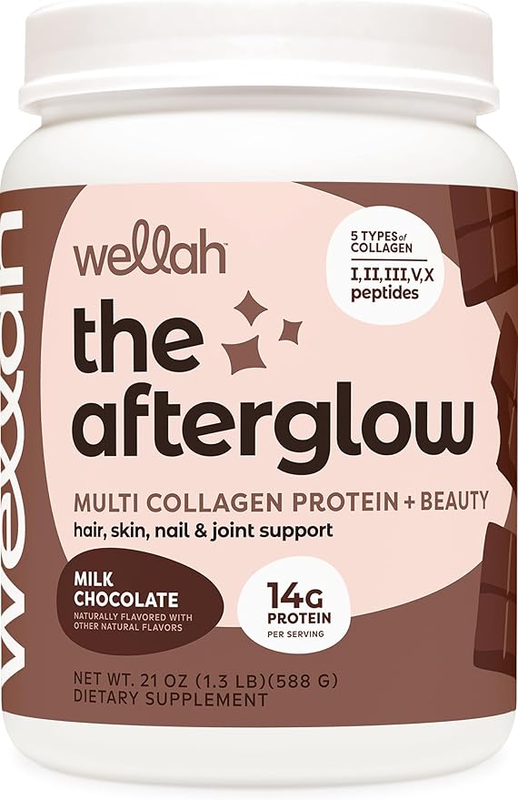 Wellah The Afterglow Multi Collagen Protein + Beauty (30 Servings, Chocolate) - Hair, Skin, Nail & Joint Support - Non-GMO & Gluten Free