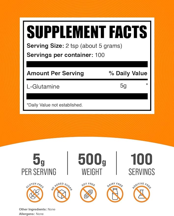 BulkSupplements.com L-Glutamine Powder - Glutamine Supplement, for Recovery & Gut Health - Unflavored & Gluten Free, 5g (5000mg) per Serving, 500g (1.1 lbs) (Pack of 1)