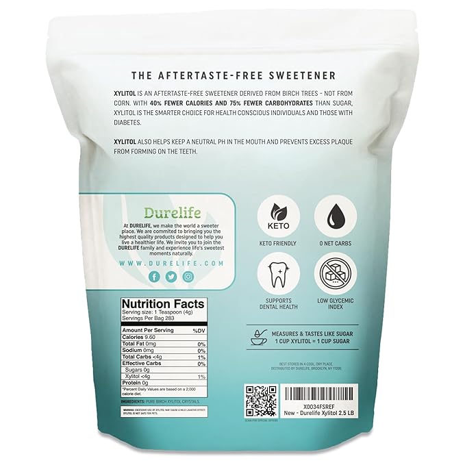 DureLife XYLITOL Sugar Substitute 2.5 LB (40 OZ) Made From 100 % Pure Birch Xylitol NON GMO - Gluten Free - Kosher, Natural sugar alternative,