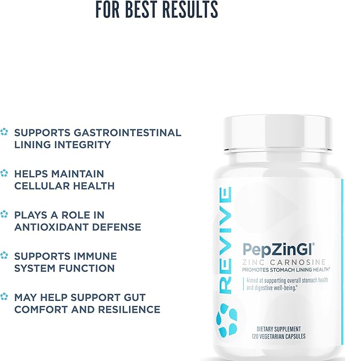 Revive MD Zinc Carnosine Supplement for Men & Women - Zinc & L-Carnosine to Support GI, Stomach Lining & Immune Health - Digestive Health Supplements Supports a Healthy Gut - 120 Vegetarian Capsules