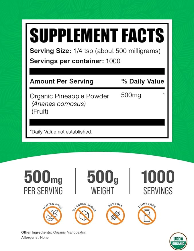 BulkSupplements.com Organic Pineapple Powder - Pineapple Fruit Powder, for Flavoring & Smoothies - Unsweetened & Gluten Free, 500mg per Serving, 500g (1.1 lbs) (Pack of 1)