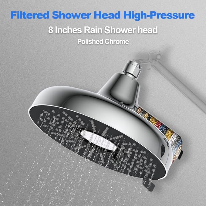 Filtered Shower Head 8 Inch - High Pressure Fixed Rain Showerhead with 18-Stage Filter for Hard Water Softener - Reduces Chlorine and Heavy Metals (Chrome)