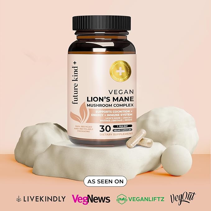 Future Kind Vegan Lion’s Mane Mushroom Complex - Brain Supplement with Chaga, Maitake, Shiitake, & Reishi, Supports Memory and Focus (30ct)