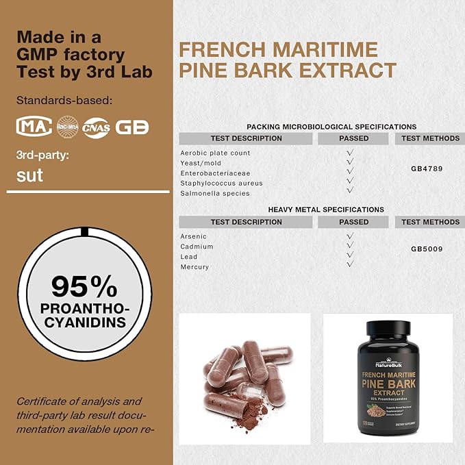 French Maritime Pine Bark Extract 400 mg, 95% Proanthocyanidins - Standardized 30X Extract, 120 Vegan Capsules