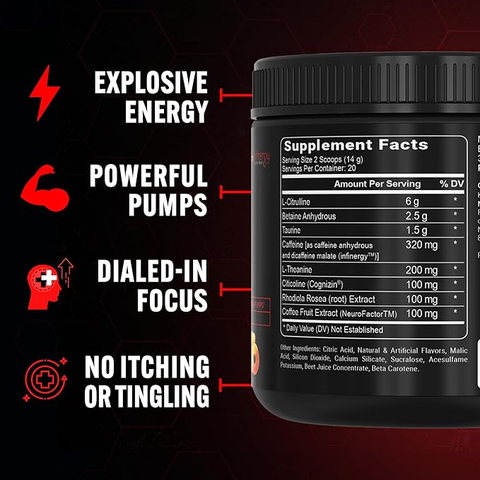 PEScience Prolific Pre Workout Powder for Men & Women with L-Citrulline Nitric Oxide Booster, Energy Powder & Nootropic for Focus – Preworkout Without Beta Alanine – 40 Scoops, Sour Peach Candy