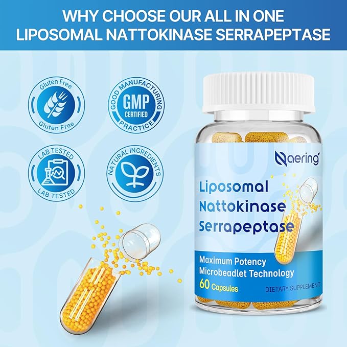 Liposomal Nattokinase 12,000 FU Serrapeptase 360,000 SPU Enzyme Supplement - Enriched with Synergistic Enzymes and Nutrient Blend & Inulin for Circulatory, Gut, Digestion 60 Capsules (2 Bottle)