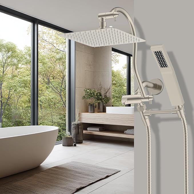 Hibbent All Metal Shower Head, 8'' High Pressure Rainfall Shower Head, Showerhead Combo, Handheld Shower Wand, 12'' Adjustable Curved Extension Arm, 71'' Hose, Shower Head Holder, Brushed Nickel