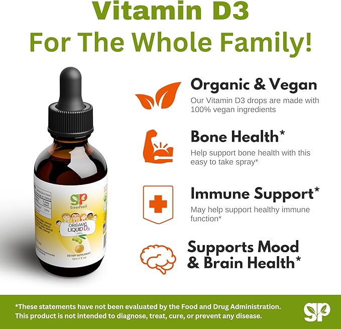 GreenPeach Liquid Vegan Organic Vitamin D 400 to 1600 IU - D3 Drops for Toddler, Kids, Baby & Infants, Vitamin D Baby Drops, Natural, 60 Servings
