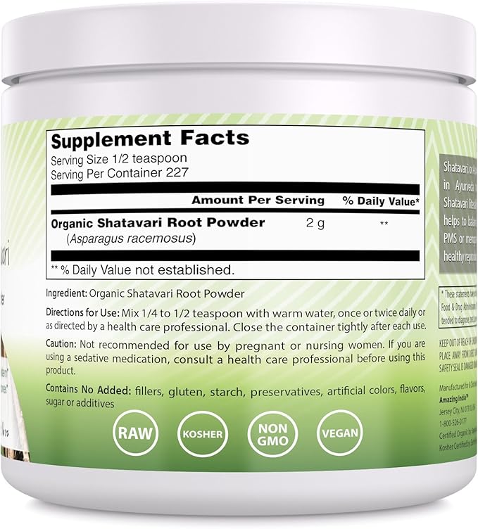 Amazing India USDA Certified Organic Shatavari Powder | 2 Grams | 227 Servings | Non-GMO | Gluten-Free | Made in USA
