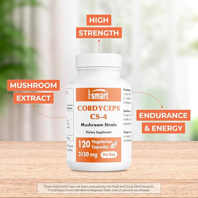 Supersmart - Cordyceps Cs-4 3150mg per Day (Hight Strength) - Cordyceps Mushroom Supplement - Endurance & Energy | Non-GMO & Gluten Free - 120 Vegetarian Capsules