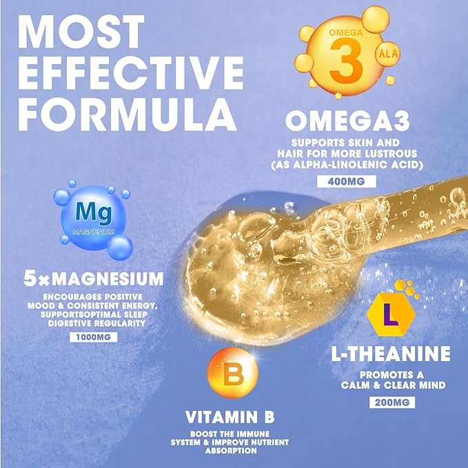 Magnesium Glycinate Liquid, Magnesium Complex Supplement with Omega3, L-Theanine and Vitamin for Calm, Sleep Support, Muscle Relief, Non GMO, Blueberry Flavor, 2 Fl Oz