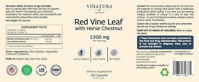 Red Vine Leaf Extract - Horse Chestnut, 1300mg/serving *USA Made and Tested* Circulation and Vein Support for Healthy Legs - Helps Blood Flow, Leg Circulation - 60 Capsules (30 Servings)