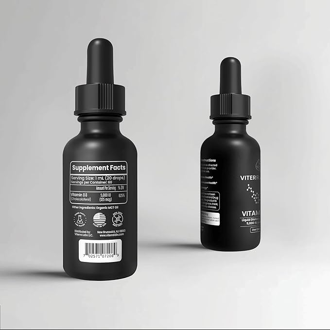 Liquid Vitamin D3 Drops 5000 IU – High Absorption for Immune & Bone Support – Tasteless, Non-GMO, Adjustable Dosing – 2 Ingredients (Vitamin D + Organic MCT Oil) – 2 oz (60 Servings)