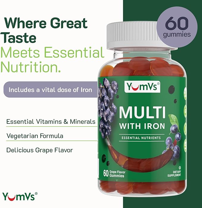 YUM-V'S Iron Gummies - Multivitamin Iron Supplement with Vitamin C, A, B & Zinc, Supports Blood Oxygen, Vegan Supplements for Women, Men & Kids for Growth and Development - Grape Flavor | 2-Pack