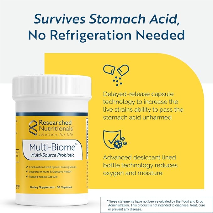 Researched Nutritionals Probiotics for Digestive Health - Multi-Biome - Live & Spore Based Probiotics for Gut Health & Immune Support + Healthy Histamine & Cytokine Activity (30 Capsules)