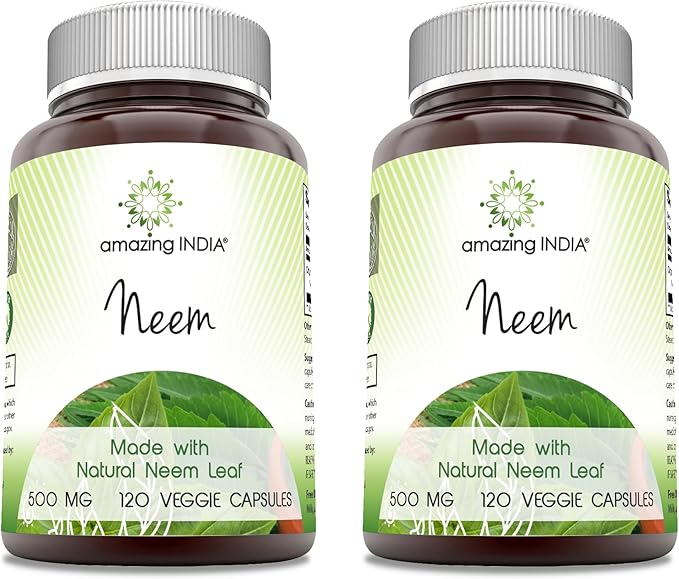 Amazing India Neem (Made with Natural Neem Leaf) 500 mg Veggie Capsules Supplement | Non-GMO | Gluten Free | Made in USA | Suitable for Vegetarians (120 | 2 Pack)