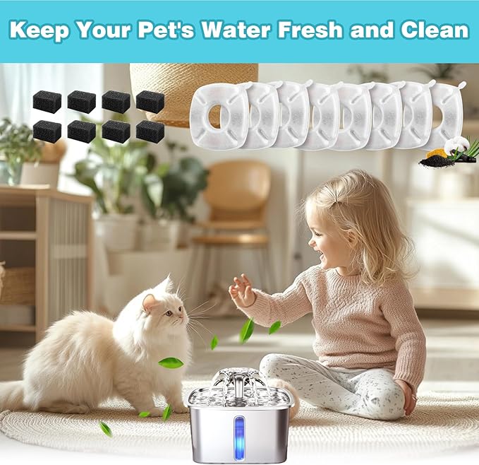 16 Pcs Cat Water Fountain Filter, Replacement Filters & Sponges for Pet Water Fountain, 8 Filters + 8 Sponges for Automatic Pet Fountain, Compatible with Veken 95oz, 67oz, 135oz Pet Dispensers