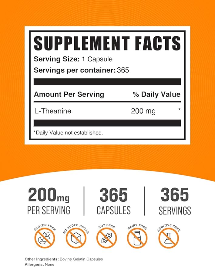 BulkSupplements.com L-Theanine Capsules - L-Theanine 200mg, Amino Acid Supplement - Gluten Free, 1 Capsule per Serving, 365 Count (Pack of 1)