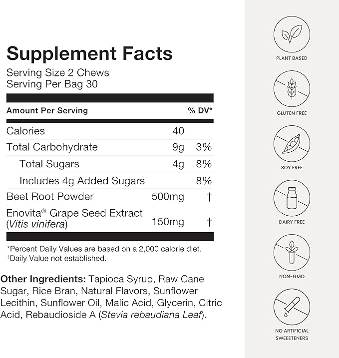 HumanN SuperBeets Heart Chews, Nitric Oxide and Blood Pressure Support, Grape Seed Extract & Non-GMO Beet Root Powder Energy, Pomegranate Berry Flavor, 120 Count