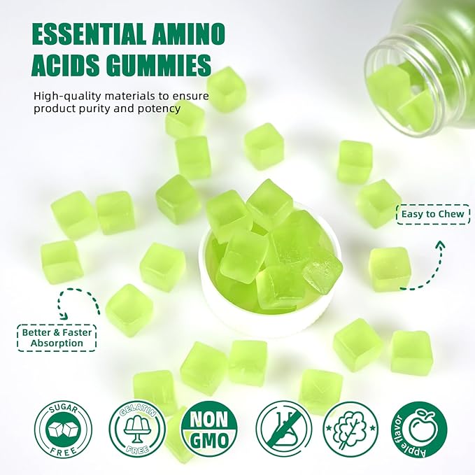EAA Gummies Essential Amino Acids - 60 Days Supply All 9 Essential Aminos and All Branched-Chain Aminos (BCAAs) Sugar Free with Muscle Recovery Energy Support Non GMO Green Apple Flavor