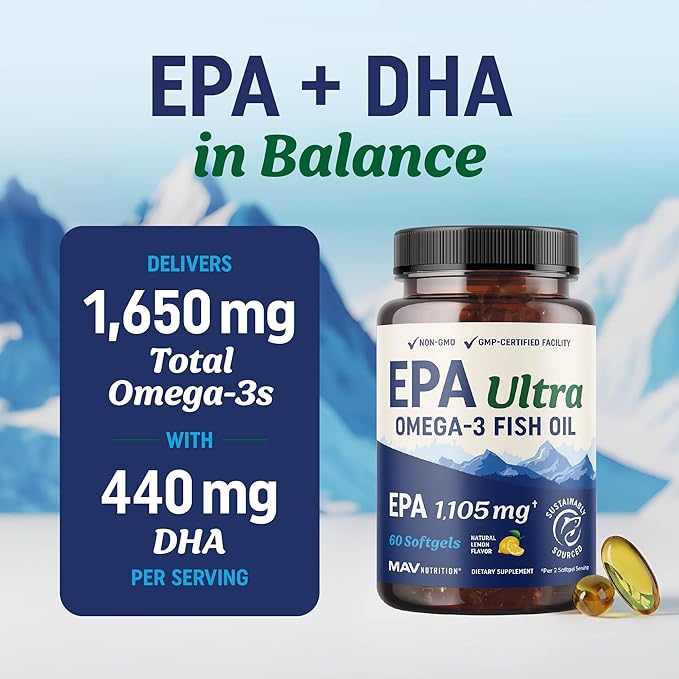 EPA Ultra 1,105MG | Heart Health & Cellular Function Support | Omega 3 Fish Oil | 1,650MG Total Omega-3 Fatty Acids | High Strength EPA Supplement | Sustainably Sourced & Gluten-Free | 60 Ct.